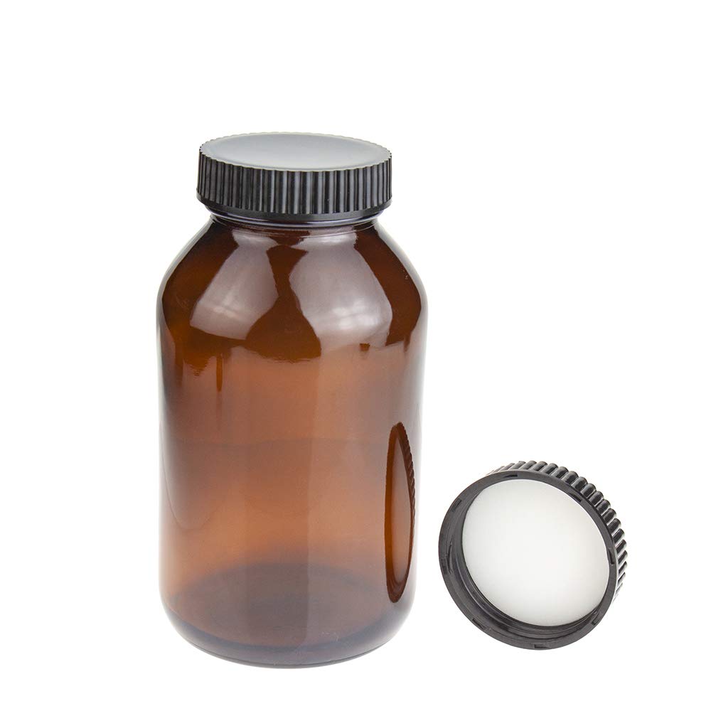 ALWSCI Botellas de boca ancha de vidrio ámbar de 17 onzas, 500 ml, con 53-400 tapas de rosca acanaladas negras, 12 unidades