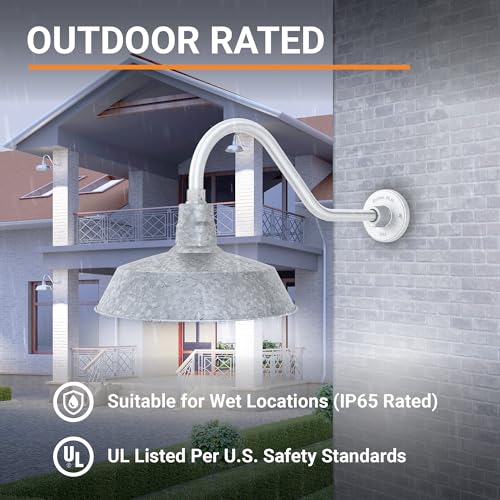Image of 14in. Galvanized Finish Outdoor Gooseneck Barn Light Fixture With 22in. Long Extension Arm - Wall Sconce Farmhouse, Vintage, Antique Style - UL Listed - 9W 900lm A19 LED Bulb (5000K Cool White)