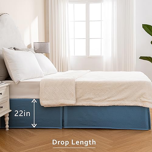 Image of MIYE Pleated Waffle Weave Bed Skirt, Tailored Dust Ruffle 22 Inch Drop Easy Fit, Machine Washable (Blue, TwinXL - 22 inch Drop)