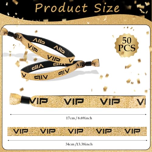 Clvsyh 50 Stück Eintrittsarmbänder aus Stoff, VIP, schwarz, gold, verstellbar, ID-Armbänder für Partys, Konzerte, Geburtstage, Hochzeiten, Kinos