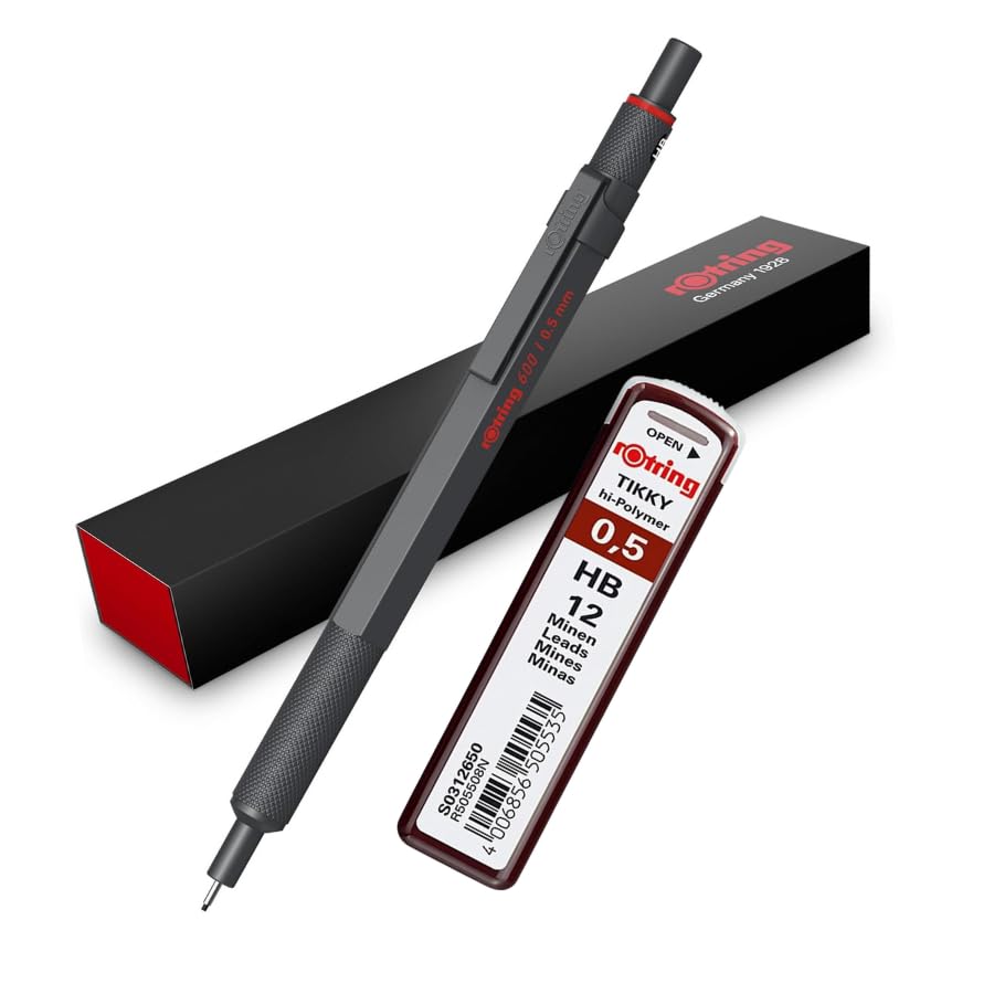 rOtring 600 Mechanical Pencil | HB Lead, 0.5 mm | All-Metal Body Propelling Pencil | Dark Stone | Non-Slip Knurled Grip & Hexagonal Barrel | Set with extra Leads