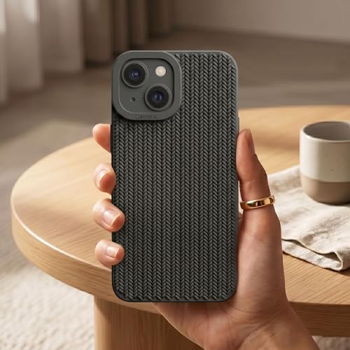 Image of amazon basics Luxury 3D Knitted Texture Soft Silicone Back Cover for iPhone 14 | Slim Fit Shockproof Case with Camera Protection & Non-Slip Grip - Black
