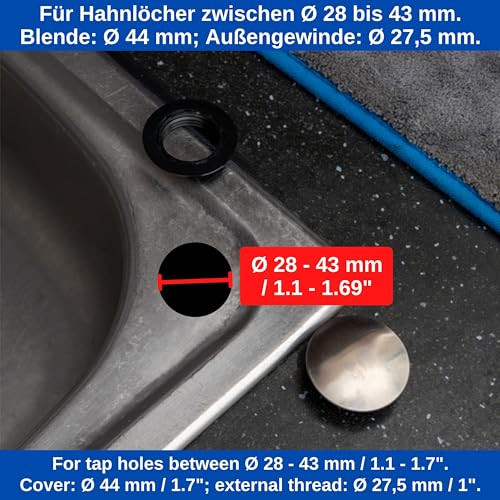 Sink tap Hole Cover, 2 Sets, diameter 44 mm Cover, diameter 27.5 x 20 mm Thread - Image 4