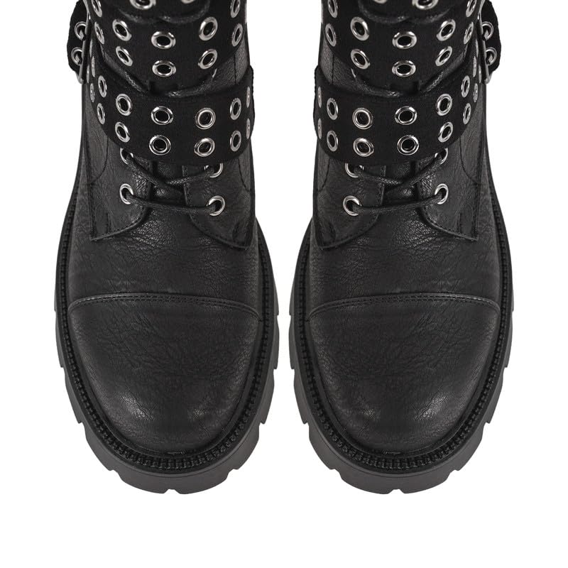 LISHAN Women's Round Toe Platform Chunky Heel Motorcycle Boots With Buckles Straps Biker Riding Mid Calf Boots2