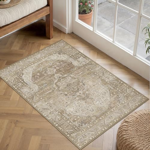 WondRg 2x3 Washable Vintage Area Rug for Living Room Bedroom Non Slip Distressed Traditional Beige Brown Soft Thin Throw Rug Low Pile Lightweight Floral Doormat Entryway Indoor Kitchen Laund