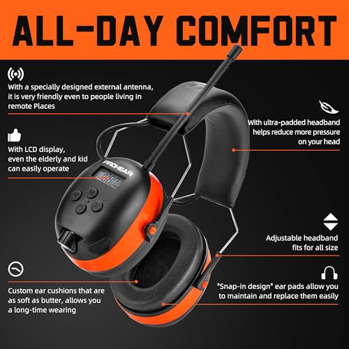 PROHEAR 033 2.0 Upgraded Bluetooth Hearing Protection AM FM Radio Headphones - 31SNR Noise Reduction Ear Muffs with Long-Lasting Stable Rechargeable Battery - 50 Hrs for Mowing Snowblowing - Orange - image 4