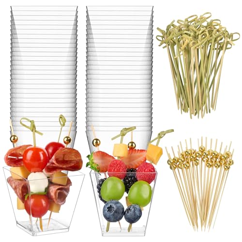 Zezzxu 50 Sets 7 oz Plastic Charcuterie Cups with 200 Sticks Square Appetizer Cup with Cocktail Picks Mini Party Serving Cups for Fruit Snack Dessert