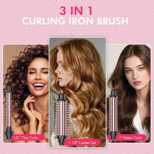 Image of Curling Brush Set, Curling Iron Interchangeable 3 Barrel Wand Curler with Ceramic Tourmaline Professional Curling Iron Brush,for Women with Curler and Waver