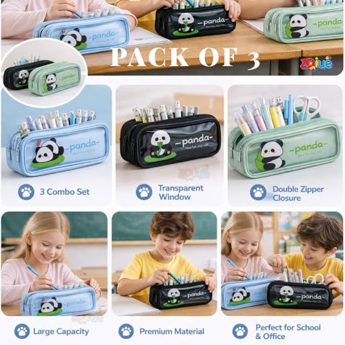 Image of Zqiue Cute Panda Pencil Pouch 3 Combo Set, Double Zipper Transparent Window Pen Case, Large Capacity Canvas Storage Bag for School, Kids, Teens & Office