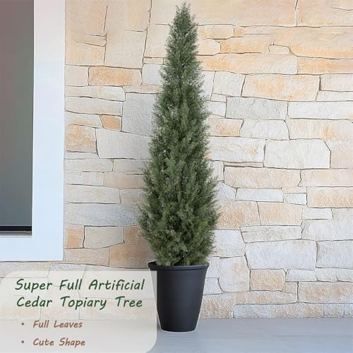 Image of Bellacat 5ft UV Resistant Artificial Topiary Trees Outdoor, 60in Faux Cedar Tree with Full & Realistic Leaves, Fake Cypress Tree for Front Door Proch Patio Deck Balcony Yard Decor 2Pack