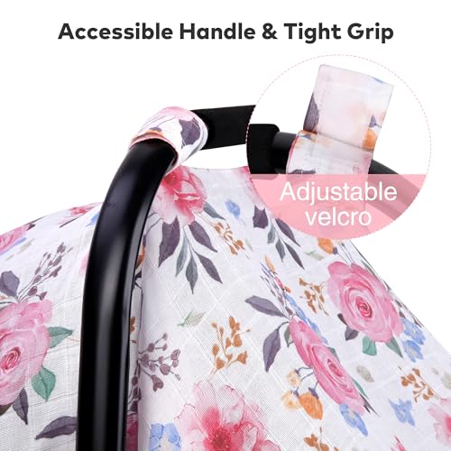 Image of Rquite Infant Car Seat Cover for Babies Girls, 100% Muslin Cotton Carseat Canopy, Breathable Stroller Sun Shade, Baby Shower Gift & Newborn Essentials, Universal Fit Summer & Hot Weather (Floral)