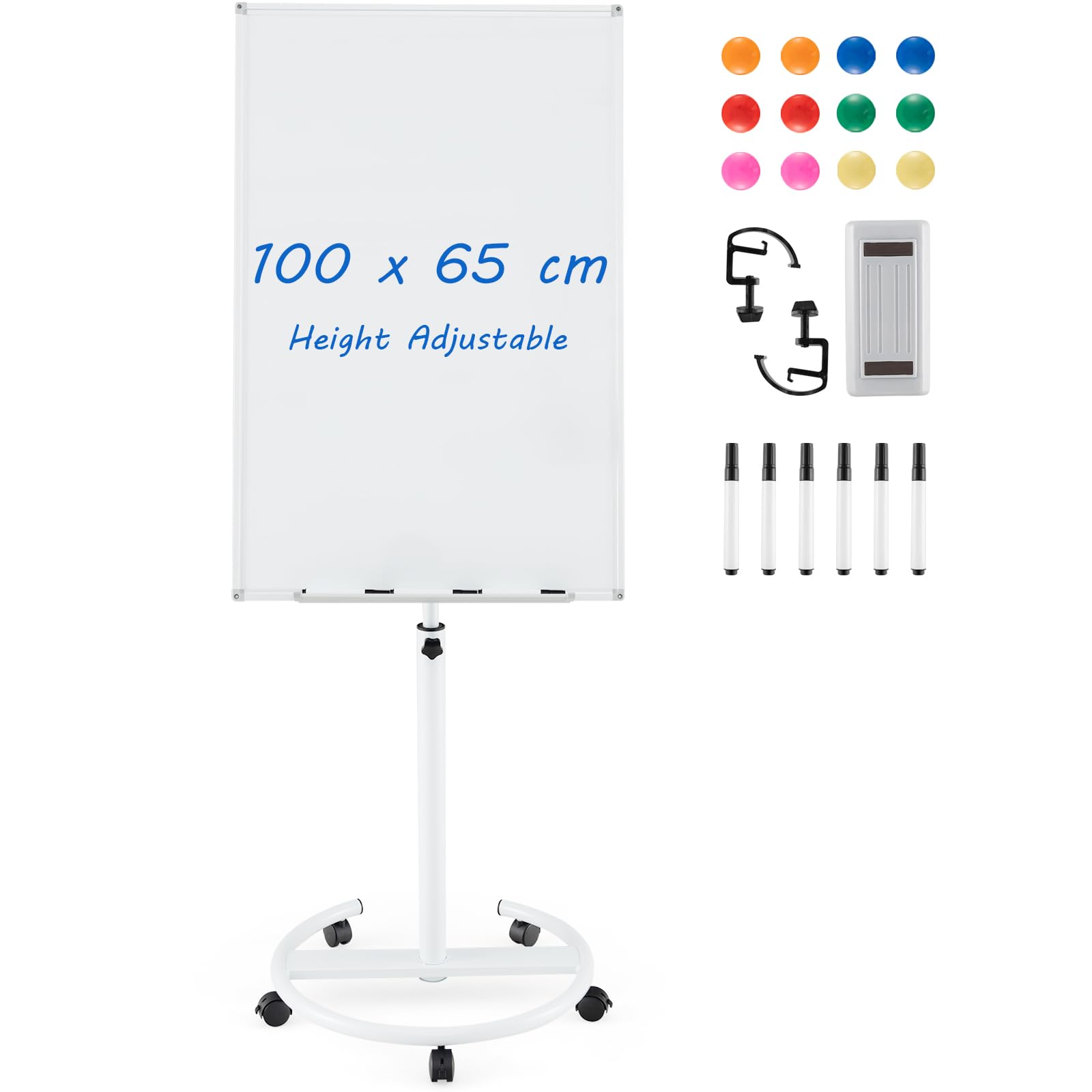 CASART Flip Chart White Board, Height Adjustable Dry Erase Board with Stand, Eraser, Magnets & Paper Clips, 100 x 65 CM Mobile Magnetic Whiteboard for Home Office Classroom (White)