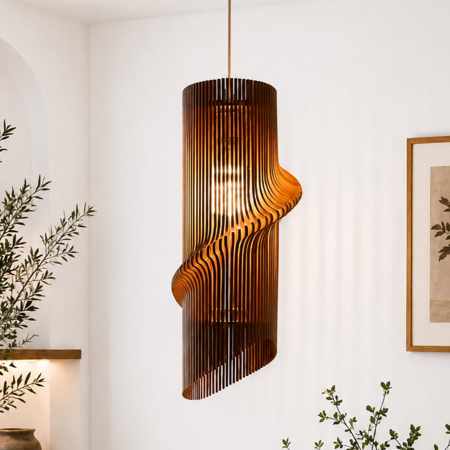 Image of Wood Pinecone Pendant lamp for Leaving Room, Wooden Ceiling lamp, Wooden Hanging lamp handicrafted Home decore Chandelier Light (Spiral)