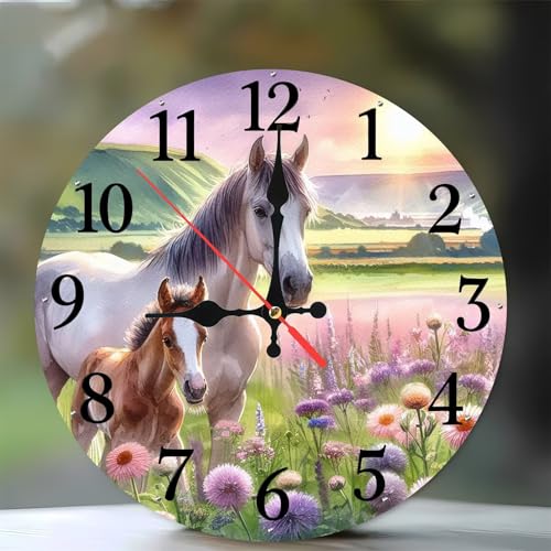 Jinmer Horloge Murale en Bois Ronde 35 cm Motif Animaux du Paysage Chevaux, Cuisine, Salon, Horloge Décorative Silencieuse, sans Tic-Tac, Fonctionne à Piles,...