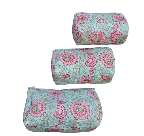 INDACORIFY Indian Cotton Floral Block Print Toiletry Travel & Make up Pouch Set of 3 Pieces Quilted Bags Shaving Kit