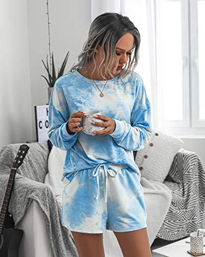 Prettygarden Women’s Tie Dye Printed Pajamas Set Long Sleeve Tops With Shorts Lounge Set Casual Two-Piece Sleepwear Blue #TOP2