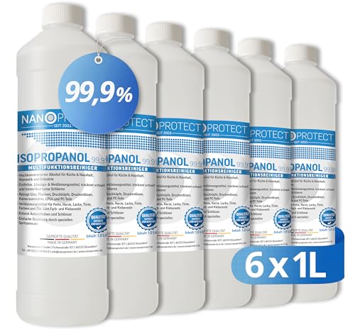 Nanoprotect Isopropanol 99,9% | 6 x 1 Liter Reiniger | Hochprozentiger Isopropylalkohol | IPA Reinigungsalkohol für Haushalt und Elektronik | Made in Germany