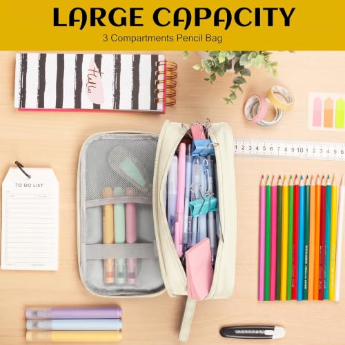 Image of Pencil Case Big Capacity Pen Pouch Large Storage Holder Marker Pen Bag Durable 3 Compartment School Office Desk Organizer Portable Cute Zipper Stationery for Kids Teen Student Boys Girls Adults