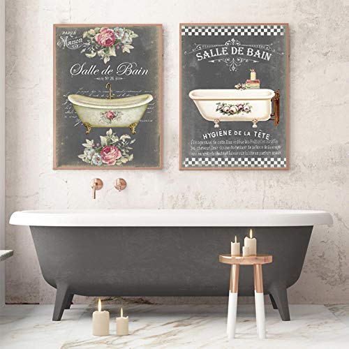 WTYBGDAN Peintures de décoration de Salle de Bain Imprimer Affiches Vintage Salle de Bain Le Bain Tableau Shabby Fine Wall Art Toile Photos | 30X50cmx2Pcs / sans Cadre