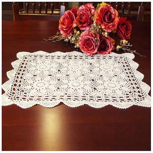 Mantel Individual Rectangular de Ganchillo Hecho a Mano, Tapete Mesa de Algodón para Fundas de Sofá y Decoración del Hogar(White,30x50cm(12x20in))