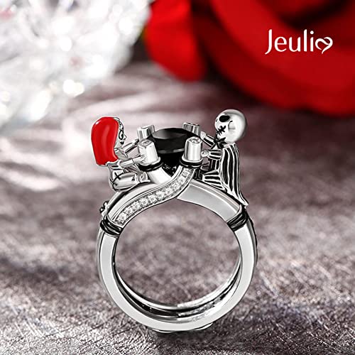 Image of Jeulia Hug Me Magic of Love Skull Couple Round Cut Sterling Silver Ring for Women Wife Girlfriend Engagement Wedding Anniversary Christmas Birthday With Jewelry Box