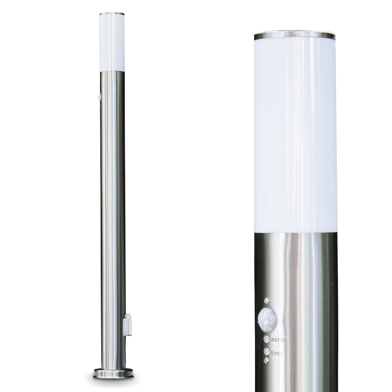 HOFSTEIN Außenleuchte Caserta, Außenwegeleuchte mit Bewegungsmelder u. Steckdose aus Metall/Kunststoff in Edelstahl/Weiß, moderne Wegeleuchte für Garten, Außenbereich, Hof, Terrasse, 110 cm, E27, IP44