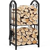 Yaheetech Kaminholzregal mit 4 Kaminbesteck & 2 Ablagen, Kaminholzständer Innen Metall Kaminholzständer Brennholzregal Feuerholzregal für Innen und Außen, 38 x 33 x 74,5 cm, Schwarz