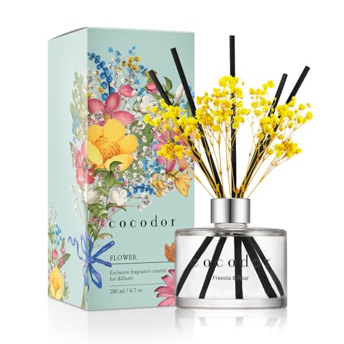 Image of COCODOR Preserved Flower Reed Diffuser /Freesia&Pear /6.7oz /1Pack / Home Fragrance Scent Essential Oil Stick Diffuser for Bedroom Bathroom Home Decor