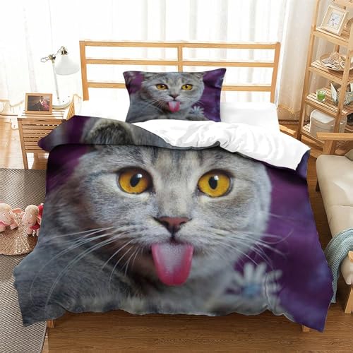 Housse de couette chat mignon 3D idée cadeau lit 3 pièces 135x200 cm - 3