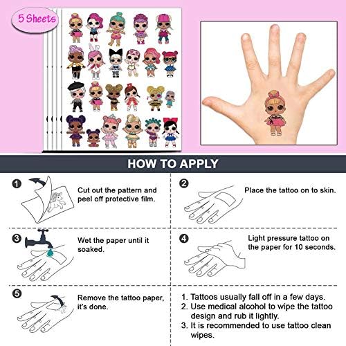 Geenber Party Favors Gifts for Kids, LOL Temporary Tattoos for Doll Birthday Party Decorations supplies for Kids Girl (5 Sheets, more than 100 styles)