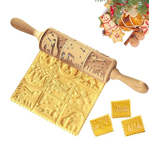 Teigroller, Nudelholz, Muster Prägerolle Holz Weihnachten Präge, 35CM 3D Holz Nudelholz Teigroller mit Weihnachten Motiv Muster Blumen, für DIY, Weihnachten,...