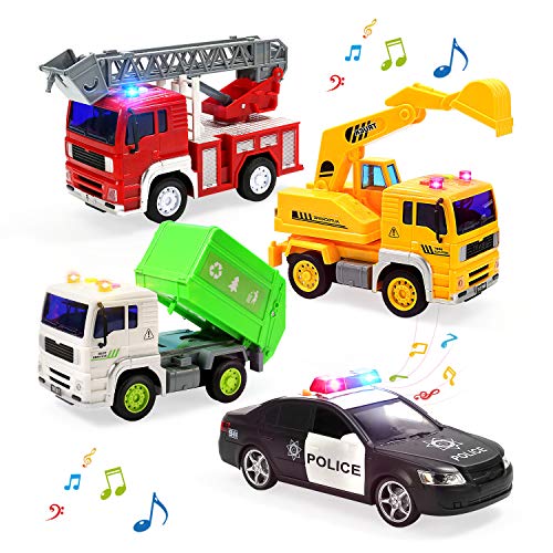 Fire Truck, Construction Truck, Police Car and Garbage Truck with Sound and Light, Pull Back Cars Push and Go Cars Friction Powered Play Vehicles for Toddler Boys and Girls
