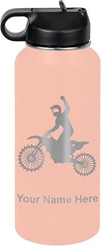 Vista 306 de LaserGram Botella de agua personalizada, motocross, acero inoxidable de doble pared aislada al vacío con popote superior, regalo grabado Verde