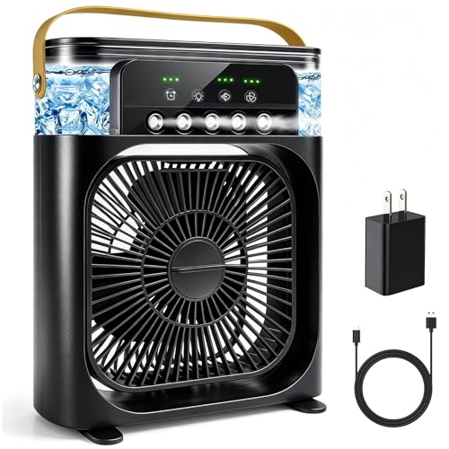 Portable Air Conditioner Fan, Mini Evaporative Air Cooler Cooling Fan with 5 Spray Nozzles,3 Wind Speeds,3 Timers,7 Colors LED Light,600ML Personal AC Unit Fan for Bedroom Office Camping（Black）