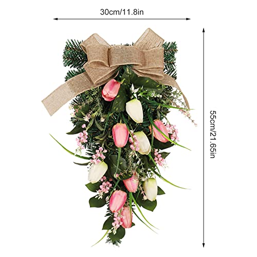 belupai 22in Pink Tulips Teardrop Swag, Decorative Floral Swag with Lily of The Valley Flower and Greenery Leaves, Spring Summer Tulips Swag for Indoor Outdoor Window Decor(Multicolor) - Image 3