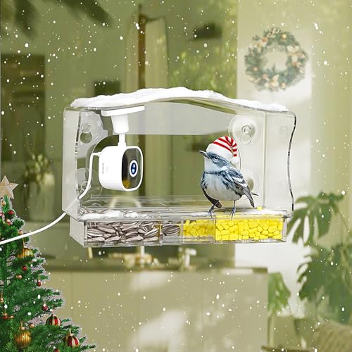 Freeseason Smart Bird Feeder with Camera & AI Bird Identifier, 2K HD Auto-Capture Video, Window Mounted with Strong Suction Cups, Unique Christmas Gift for Elderly Parents, Birding Lovers