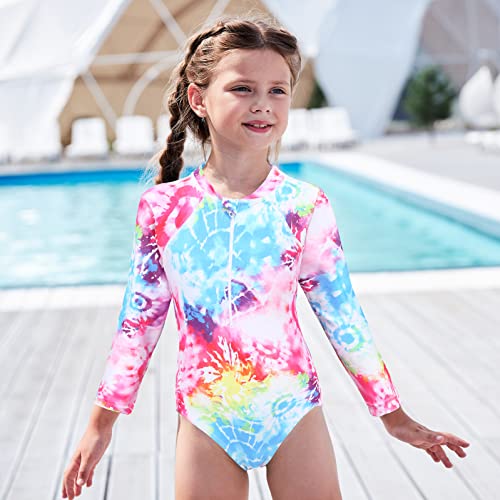 Aisyee Big Girls One Piece Swimsuits Long Sleeve Rash Guard Kids Hawaiian Bathing Suit Upf 50+ Swim Shirts Pink Tie Dye Size 10/8-10 Years #TOP3