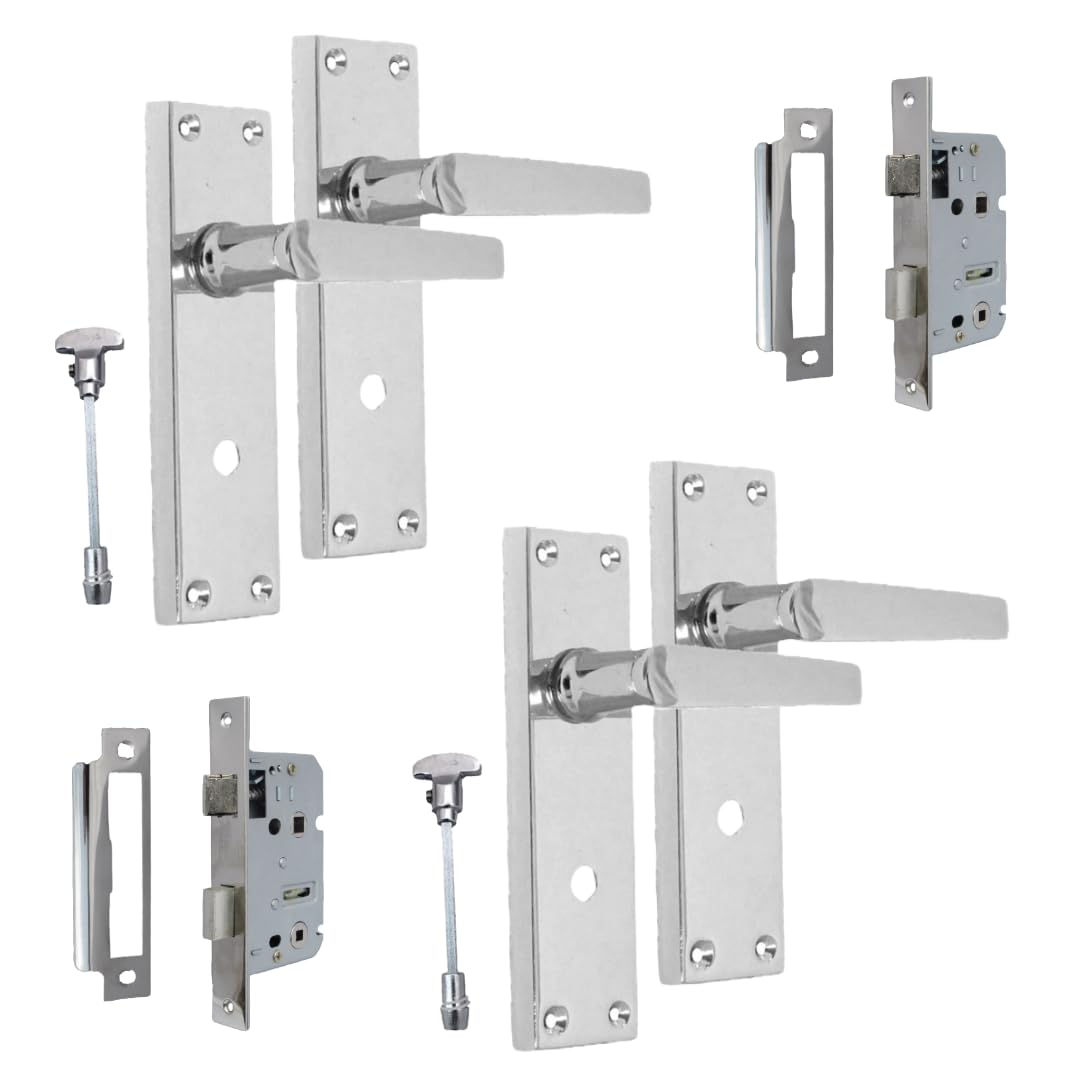 Victorian Straight Polished Chrome Interior Door Handles with 3 Lever Bathroom Mortise Sash Lock – 2 Pairs