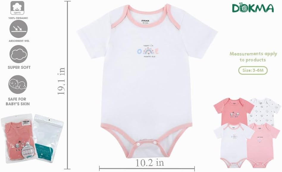 Miniatura 5 de DOKMA Paquete de 4 mamelucos rosados para bebés, set de regalo para bebé, recién nacidos y bebés, 0-12 meses