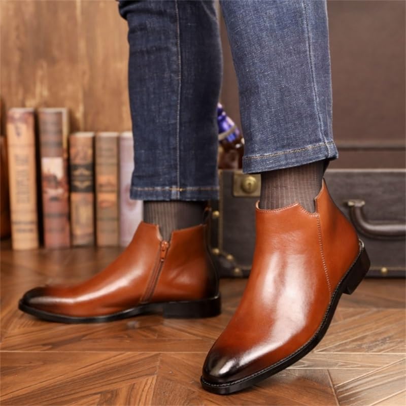 Men's British Side Zipper Leather Boots Square Toe Slip-on Middle Fashion Casual Shoes Slip Resistant Rubber Soft Sole Oxford Shoes for Men(10)3