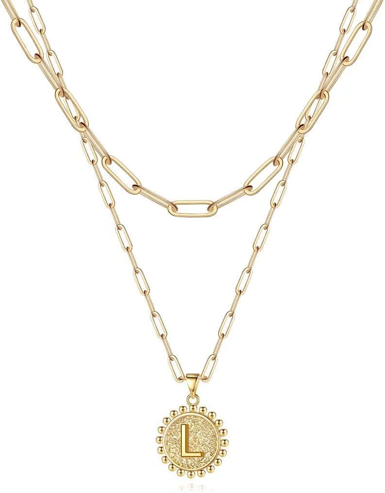 UrsteelLayered Choker Necklaces for Women, 14K Gold Plated Dainty Layering Paperclip Chain Necklace Simple Adjustable Initial Coin Pendant Necklaces Layered Gold Chain Necklaces for Women Jewelry Gifts