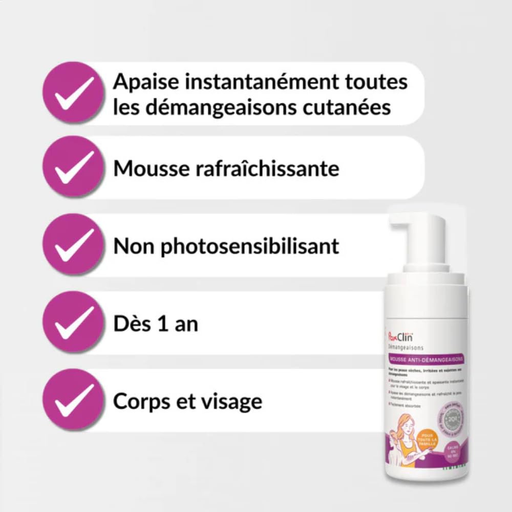 PoxClin® Démangeaisons – Mousse Anti-Démangeaisons – Soulagement en 60 Secondes – Eczéma, Urticaire, Piqûres d’Insectes, Coup de Soleil – Visage & Corps – Dès 12 Mois – 100 ml