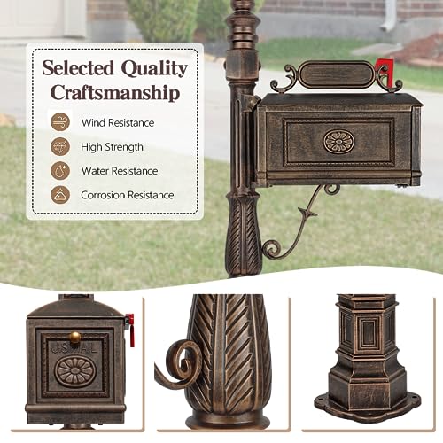 Heavy Duty Mailbox Classic Decorative Cast Aluminum Mail Box Postal Vertical Pedestal (Bronze)