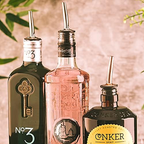 FLOW Barware Spirit Pourers | 8 Spirit Bottle Pourer with Tapered Spout, Caps & Cleaning Brush Set | Bottle Pourers for Spirits Gold, Rose Gold & Silver | Spirit Pourer, Bottle Pourer, Drinks Pourer