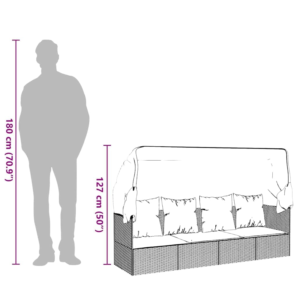 Lettino da esterno in polyrattan marrone con tettuccio parasole pieghevole, seduta e schienale imbottiti, regolabile, ergonomico, per giardino, terrazza, balcone, resistente alle intemperie