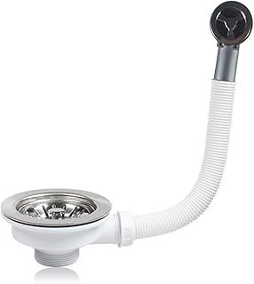 évier de cuisine blanc avec trop plein panier inox 110 mm 1½", Acier inoxydable + ABS, Bonde + Panier