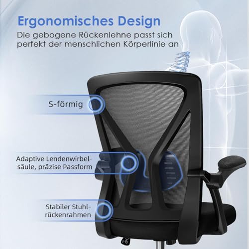 Hinonde Bürostuhl,Schreibtischstuhl mit Hochklappbare Armlehnen und Wippfunktion,360°Drehstuhl,Höhenverstellbarer Bürostuhl ergonomisch Home Office Stuhl mit Atmungsaktivem Netz,Bis zu 150kg