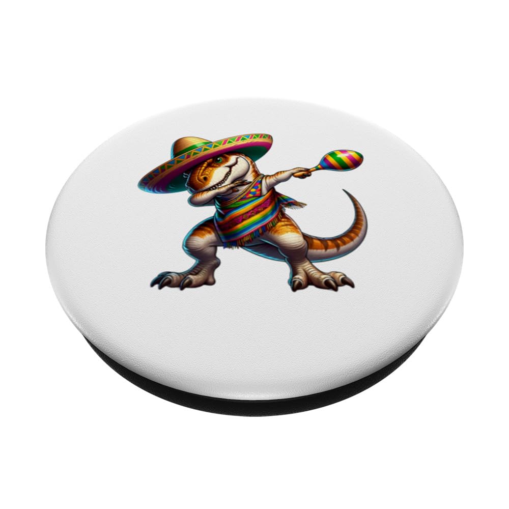 Dabbing T Rex Dinosaur Cinco De Mayo Sombrero Poncho Fiesta PopSockets Swappable PopGrip, Black - Image 2