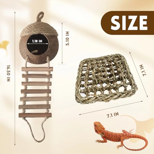 Image of 5 PCS Gecko Tank Accessories,Gecko Coconut Hide with Ladder Reptile Terrarium Plants Hammock Climbing Flexible Jungle Vine Tank Decor for Crested Gecko,Baby Bearded Dragon,Chameleon,Snake