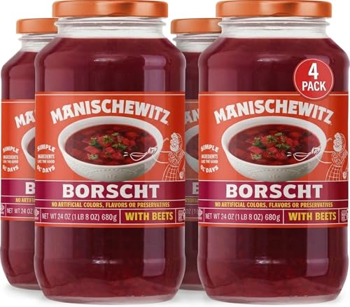 Manischewitz Borscht with Beets, 24 Oz (4 Pack) | Ready-to-Serve Beet Soup | Sweet &amp; Tangy Flavor | Gluten-Free, Vegetarian | Kosher (including Passover)